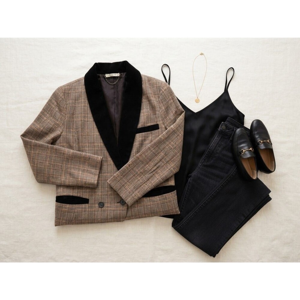 Gimmicks Brown Plaid Blazer Jacket Size M Velvet Contrast Lapel Dark Academia